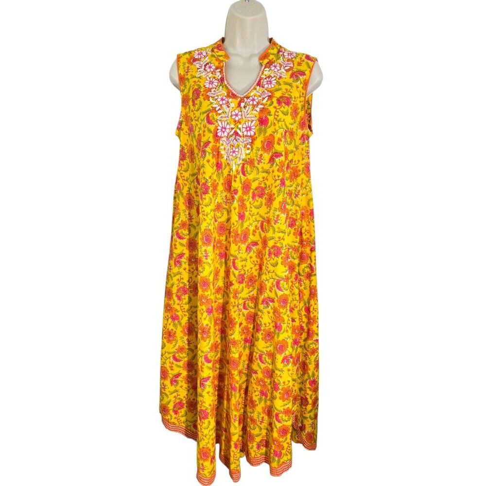 Biba Womens Yellow Floral Embroidered Sleeveless Kurta Dress V Neck Size 36
